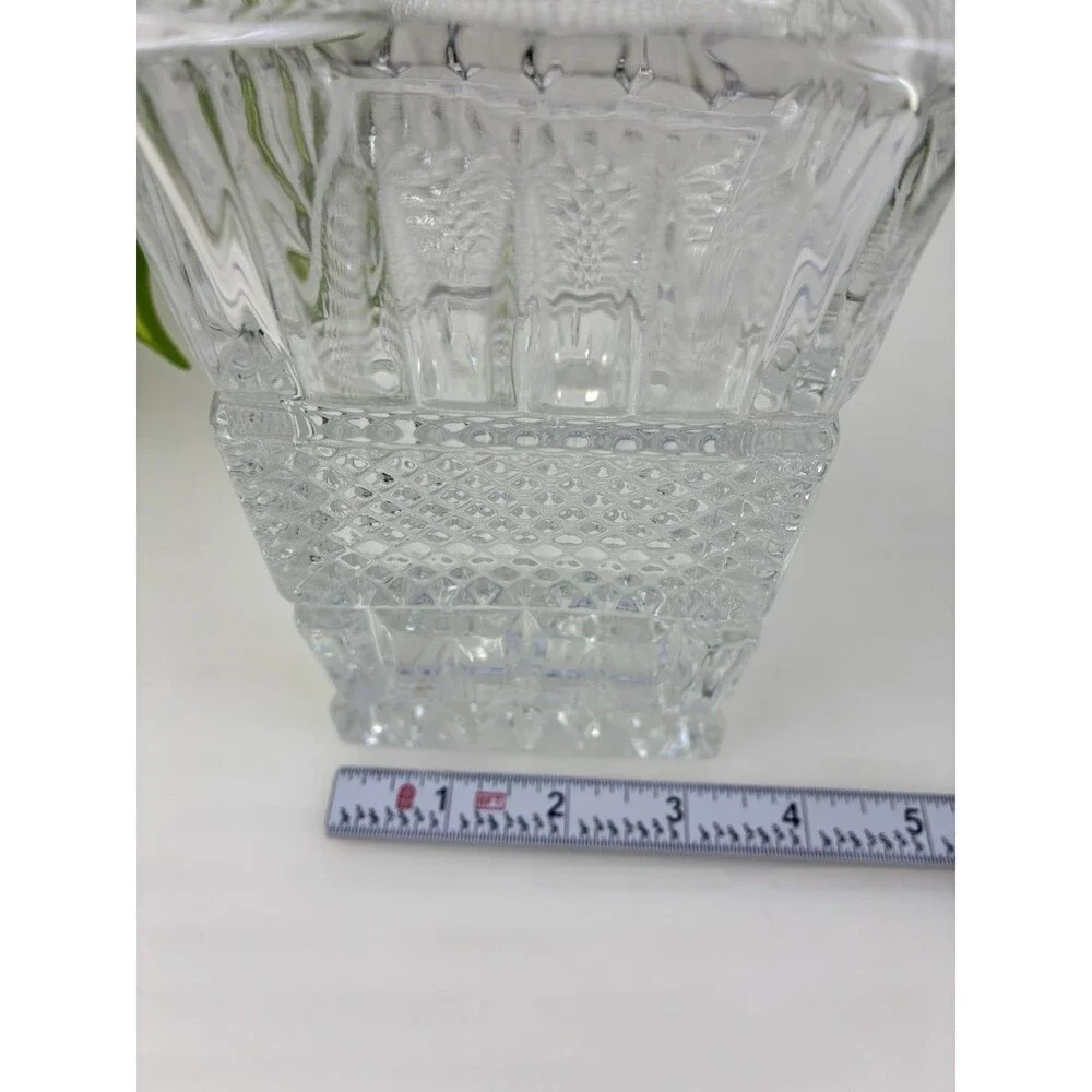 Cut Crystal Decanter Square Diamond Cut 16 Point Star Base w Faceted Stopper Vtg